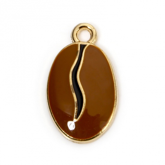 Picture of 10 PCs Zinc Based Alloy Charms Gold Plated Dark Brown Coffee Bean Enamel 20mm x 12mm