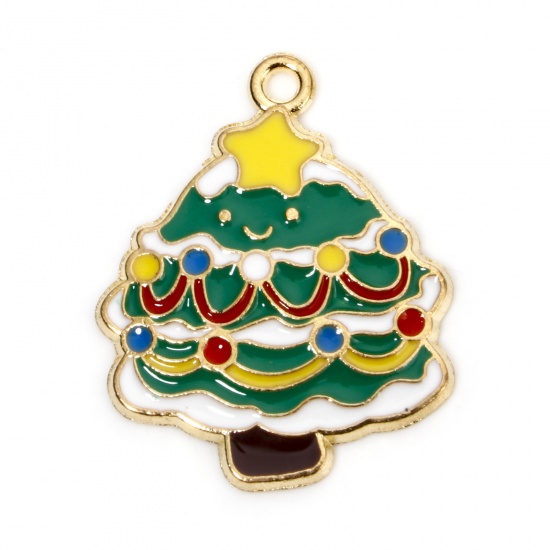 Immagine di 10 Pz Lega di Zinco Natale Ciondoli Oro Placcato Multicolore Albero di Natale Smalto 28mm x 22mm