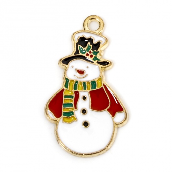 Picture of 10 PCs Zinc Based Alloy Christmas Charms Gold Plated Multicolor Christmas Snowman Enamel 28mm x 16mm