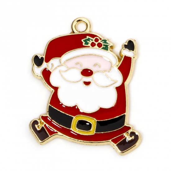 Picture of 10 PCs Zinc Based Alloy Christmas Charms Gold Plated Multicolor Christmas Santa Claus Enamel 27.5mm x 24mm