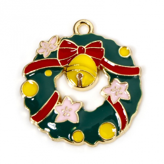 Immagine di 10 Pz Lega di Zinco Natale Ciondoli Oro Placcato Multicolore Corona di Natale Smalto 26mm x 25mm