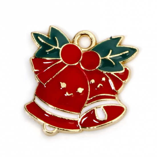 Picture of 10 PCs Zinc Based Alloy Christmas Charms Gold Plated Multicolor Bell Enamel 20mm x 20mm