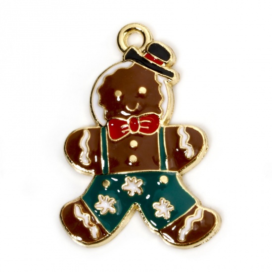 Picture of 10 PCs Zinc Based Alloy Christmas Charms Gold Plated Multicolor Christmas Gingerbread Man Enamel 27mm x 19mm