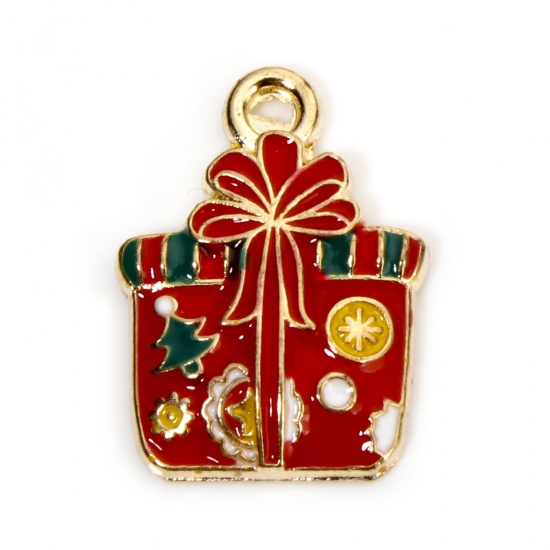 Immagine di 10 Pz Lega di Zinco Natale Ciondoli Oro Placcato Multicolore Scatola per Regalo Smalto 18.5mm x 14mm