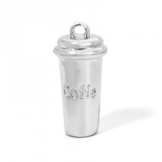 Picture of 1 Piece Brass Charms Platinum Plated Cup Coffee Message " COFFEE " 3D 16.5mm x 8mm