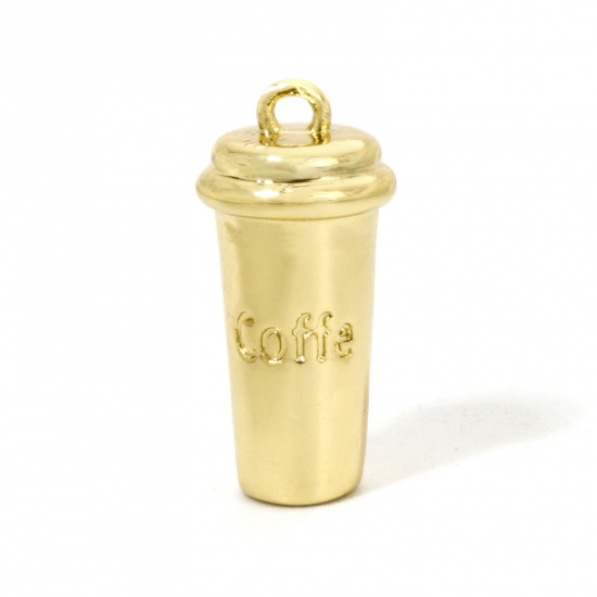 Picture of 1 Piece Brass Charms 18K Gold Plated Cup Coffee Message " COFFEE " 3D 16.5mm x 8mm