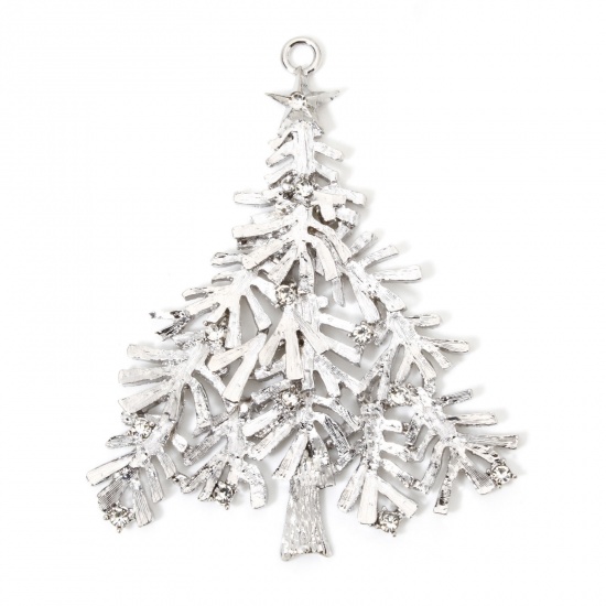 Immagine di 1 Pz Lega di Zinco Natale Ciondoli Pendenti Tono Argento Albero di Natale Trasparente Strass 9.2cm x 7.5cm