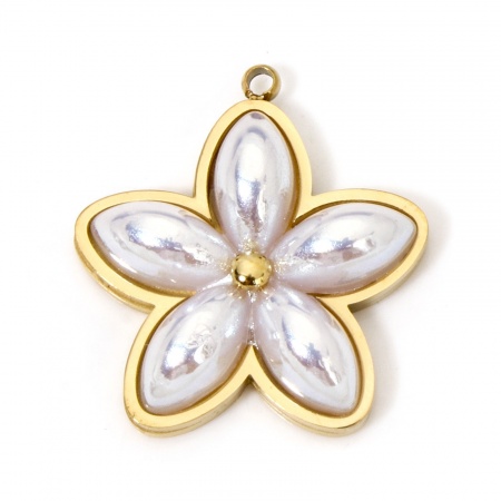 Picture of Vacuum Plating 304 Stainless Steel Style Of Royal Court Character Charms Gold Plated Heart Filigree Shell Imitation Pearl