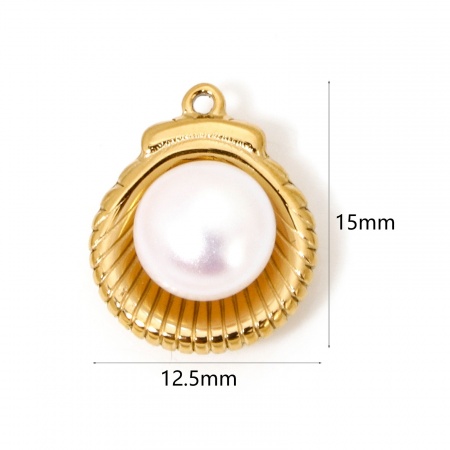 Picture of 1 Piece Vacuum Plating Stainless Steel & Shell Imitation Pearl Ocean Jewelry Charms Gold Plated Shell Shell Imitation Pearl 15mm x 12.5mm