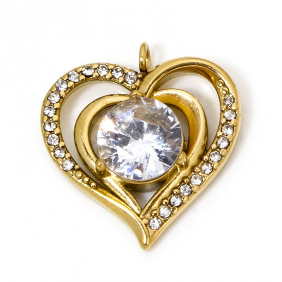 Immagine di 1 Pz Placcatura Sottovuoto 304 Acciaio Inossidabile San Valentino Ciondoli Cuore Oro Placcato Filigrana Trasparente Strass 18mm x 17mm