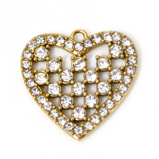 Immagine di 1 Pz Placcatura Sottovuoto 304 Acciaio Inossidabile San Valentino Ciondoli Cuore Oro Placcato Filigrana Trasparente Strass 17.5mm x 17mm