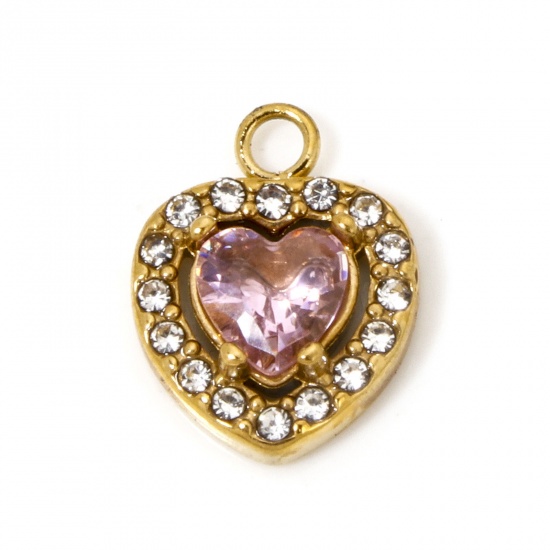 Immagine di 1 Pz Placcatura Sottovuoto 304 Acciaio Inossidabile San Valentino Ciondoli Cuore Oro Placcato Con Strass Trasparente Strass Rosa Cubic Zirconiae 12.5mm x 10mm