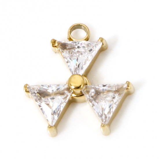 Immagine di 1 Pz Placcatura Sottovuoto 304 Acciaio Inossidabile Squisito Ciondoli Mulino a Vento Oro Placcato Triangolo Con Strass Trasparente Strass 12.5mm x 12mm