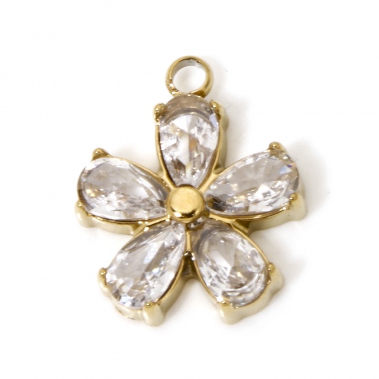 Immagine di 1 Pz Placcatura Sottovuoto 304 Acciaio Inossidabile Squisito Ciondoli Fiore Oro Placcato Con Strass Trasparente Strass 14mm x 11.5mm