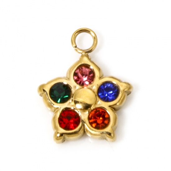Immagine di 1 Pz Placcatura Sottovuoto 304 Acciaio Inossidabile Squisito Ciondoli Stella a Cinque Punte Oro Placcato Con Strass Multicolore Strass 11.5mm x 9.5mm