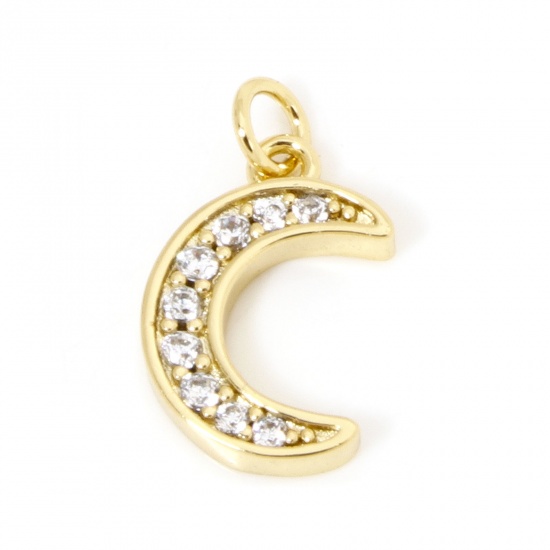 Picture of 1 Piece Brass Galaxy Charms 18K Gold Plated Half Moon Micro Pave Clear Cubic Zirconia 15mm x 9mm