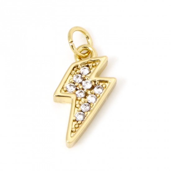 Picture of 1 Piece Brass Galaxy Charms 18K Gold Plated Lightning Micro Pave Clear Cubic Zirconia 15mm x 7mm