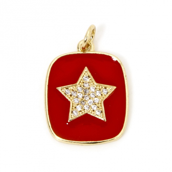 Picture of 1 Piece Brass Galaxy Charms 18K Gold Plated Red Rectangle Star Enamel Clear Cubic Zirconia 23mm x 15mm