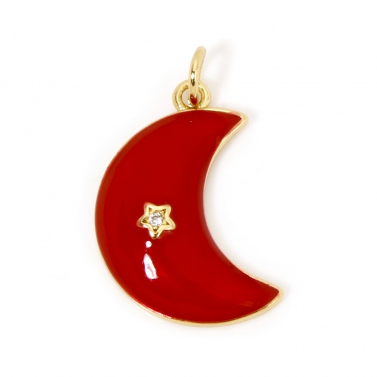 Picture of 1 Piece Brass Galaxy Charms 18K Gold Plated Red Half Moon Star Enamel Clear Cubic Zirconia 24mm x 15mm