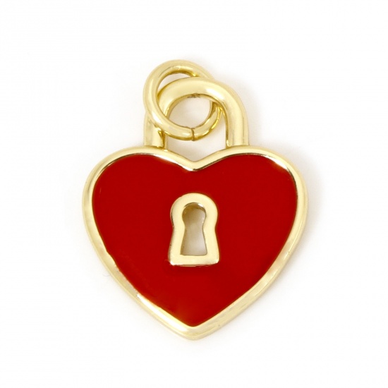 Picture of 1 Piece Brass Valentine's Day Charms 18K Gold Plated Red Lock Heart Enamel Clear Cubic Zirconia 18mm x 13mm