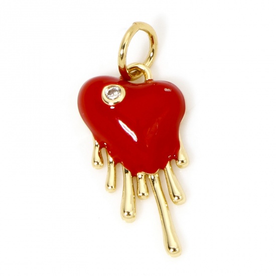 Picture of 1 Piece Brass Valentine's Day Charms 18K Gold Plated Red Heart Drop Enamel Clear Cubic Zirconia 20mm x 9mm