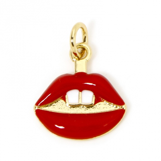 Picture of 1 Piece Brass Charms 18K Gold Plated Red Lip Enamel 17mm x 13mm