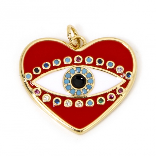 Picture of 1 Piece Brass Religious Charms 18K Gold Plated Red Heart Evil Eye Enamel Multicolour Cubic Zirconia 24mm x 24mm