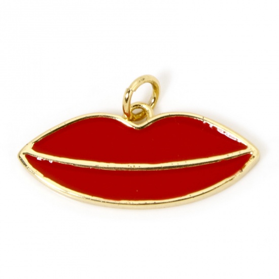 Picture of 1 Piece Brass Charms 18K Gold Plated Red Lip Enamel 24mm x 14mm