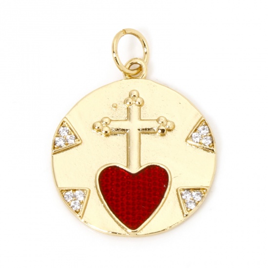 Picture of 1 Piece Brass Religious Charms 18K Gold Plated Red Heart Cross Enamel Clear Cubic Zirconia 26mm x 19mm