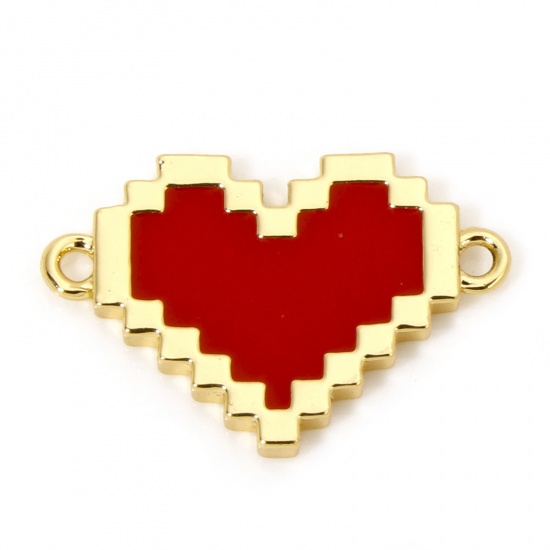 Picture of 1 Piece Brass Valentine's Day Connectors Charms Pendants 18K Gold Plated Red Heart Enamel 16mm x 11mm