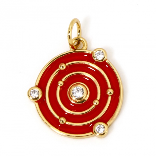 Picture of 1 Piece Brass Galaxy Charms 18K Gold Plated Red Round Universe Planet Enamel Clear Cubic Zirconia 20mm x 15mm