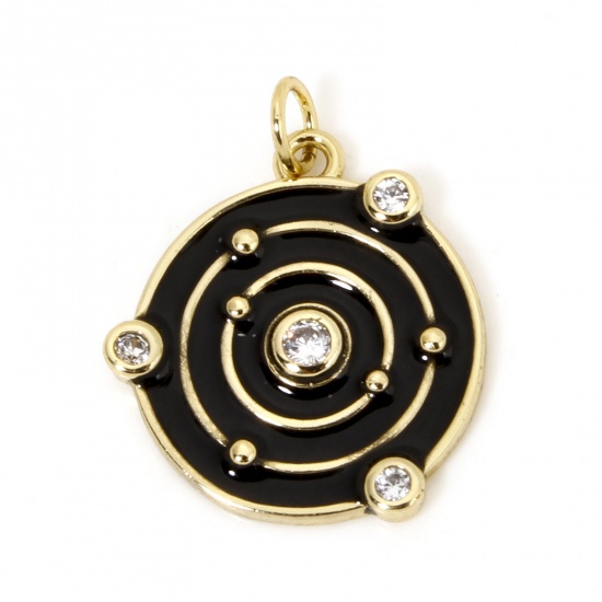 Picture of 1 Piece Brass Galaxy Charms 18K Gold Plated Black Round Universe Planet Enamel Clear Cubic Zirconia 20mm x 15mm