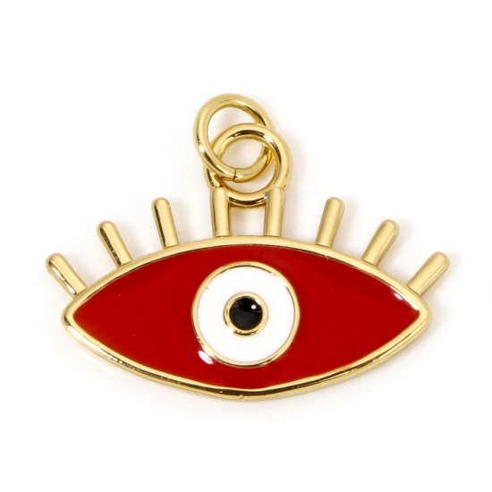 Picture of 1 Piece Brass Charms 18K Gold Plated Red Eye Enamel 22mm x 19mm