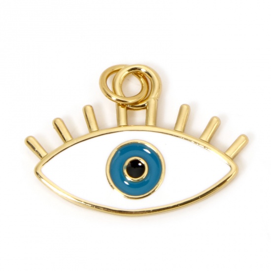 Picture of 1 Piece Brass Charms 18K Gold Plated White Eye Enamel 22mm x 19mm