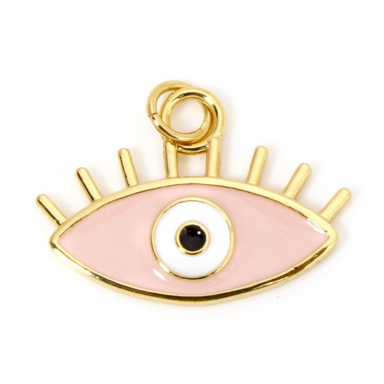 Picture of 1 Piece Brass Charms 18K Gold Plated Pink Eye Enamel 22mm x 19mm