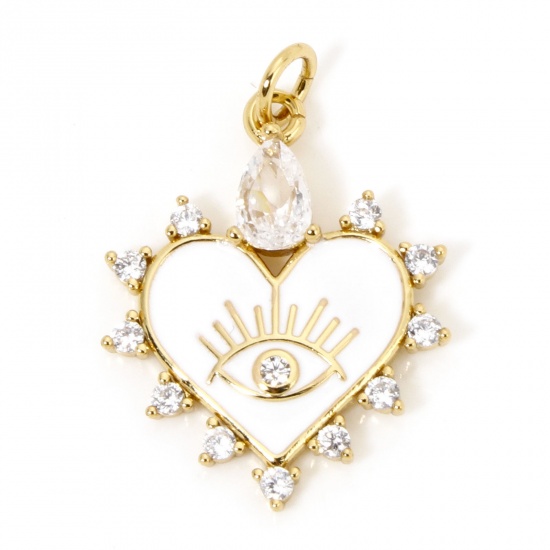 Image de 1 Pièce Breloques La Saint Valentin en Laiton Respectueux de la Nature Cœur Plaqué Or Véritable 18K Blanc Yeux Émail à Zircone Cubique Clair à Strass Transparent 26mm x 18mm