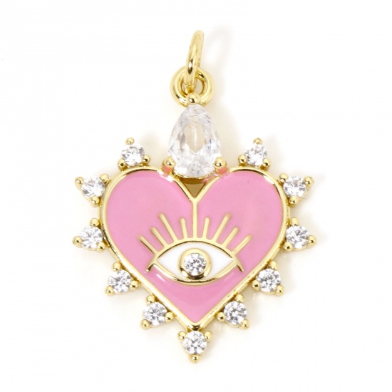 Image de 1 Pièce Breloques La Saint Valentin en Laiton Respectueux de la Nature Cœur Plaqué Or Véritable 18K Rose Yeux Émail à Zircone Cubique Clair à Strass Transparent 26mm x 18mm