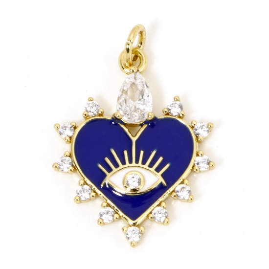 Image de 1 Pièce Breloques La Saint Valentin en Laiton Respectueux de la Nature Cœur Plaqué Or Véritable 18K Bleu Foncé Yeux Émail à Zircone Cubique Clair à Strass Transparent 26mm x 18mm