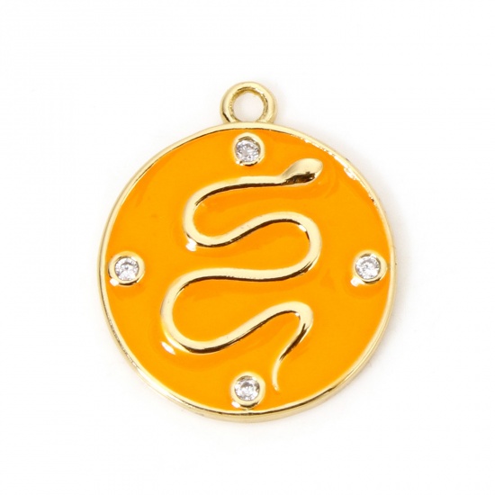 Imagen de 1 Unidad Respetuoso del Medio Ambiente Latón Colgantes Ronda 18K Oro Real Chapado Naranja Serpiente Esmalte Claro Circón Artificial 17mm x 15mm