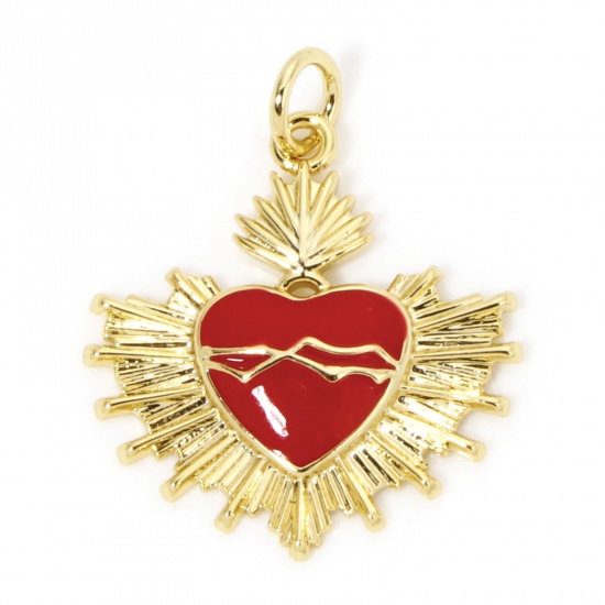 Immagine di 1 Pz Ecologico Ottone Religione Ciondoli Ex Voto Cuore 18K Vero Oro Placcato Rosso Smalto 24mm x 20mm