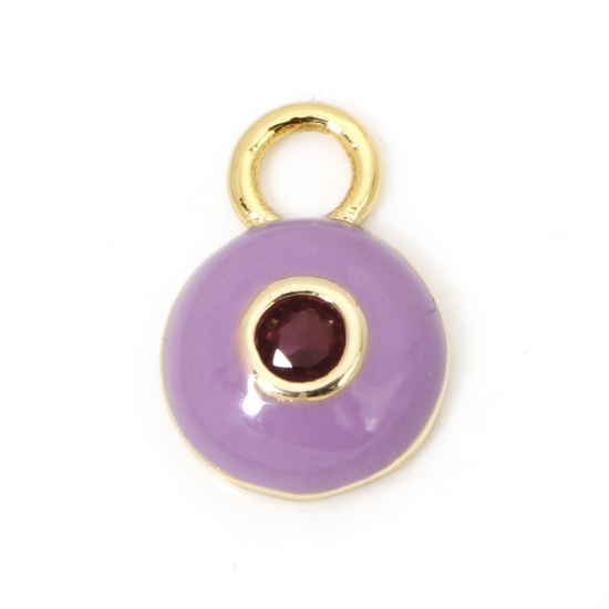 Picture of 1 Piece Eco-friendly Brass Charms 18K Real Gold Plated Purple Enamel Round Purple Cubic Zirconia 13mm x 9mm