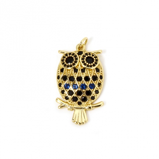 Picture of 1 Piece Eco-friendly Brass Halloween Pendants 18K Real Gold Plated Owl Animal Micro Pave Black Cubic Zirconia 3.2cm x 1.6cm