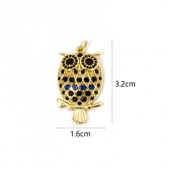 Picture of 1 Piece Eco-friendly Brass Halloween Pendants 18K Real Gold Plated Owl Animal Micro Pave Black Cubic Zirconia 3.2cm x 1.6cm