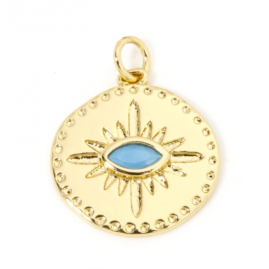 Picture of 1 Piece Eco-friendly Brass Religious Charms 18K Real Gold Plated Round Eye of Providence/ All-seeing Eye Blue Cubic Zirconia 22mm x 18mm