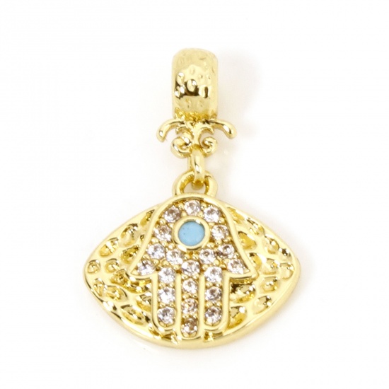 Picture of 1 Piece Eco-friendly Brass Religious Charms 18K Real Gold Plated Marquise Hamsa Symbol Hand Micro Pave Clear & Blue Cubic Zirconia 17mm x 12mm