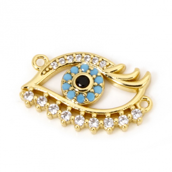 Picture of 1 Piece Eco-friendly Brass Charms 18K Real Gold Plated Eye Micro Pave Clear & Blue Cubic Zirconia 18mm x 13mm