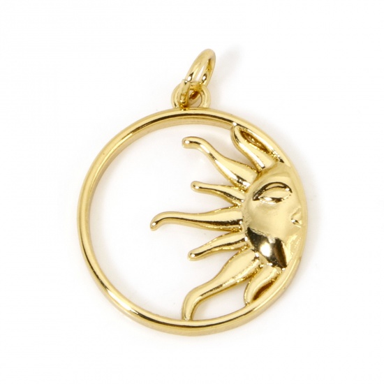 Image de 1 Pièce Breloques Galaxie en Laiton Respectueux de la Nature Rond Plaqué Or Véritable 18K Soleil avec Visage Creux 24mm x 18mm