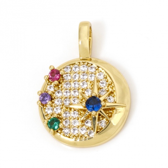 Immagine di 1 Pz Ecologico Ottone Galassia Ciondoli Luna 18K Vero Oro Placcato Stella Micro Spianare Multicolore Cubic Zirconiae 22.5mm x 16mm