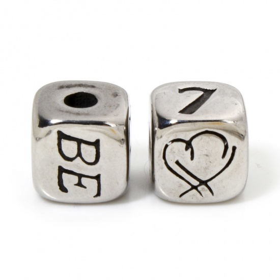 Imagen de 2 Unidades 304 Acero Inoxidable Cuentas Para Hacer Joyas De Bricolaje Cubo Plata Antigua Corazón 9mm x 9mm, Agujero: Aprox 2.6mm
