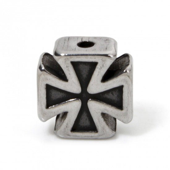 Imagen de 2 Unidades 304 Acero Inoxidable Cuentas Para Hacer Joyas De Bricolaje Cruz Plata Antigua 10mm x 10mm, Agujero: Aprox 1.5mm